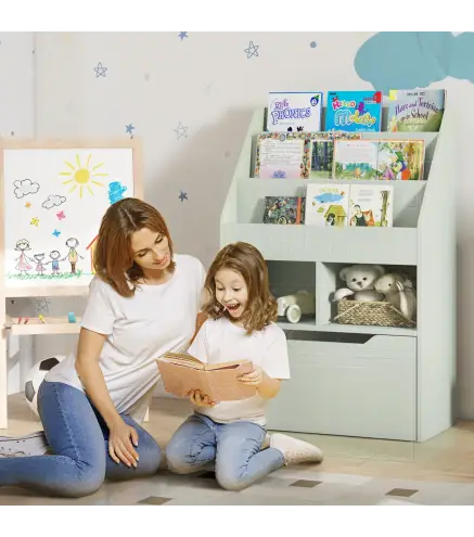 Estanteria Infantil de Madera con 3 Compartimentos 2 Cubos y Cajon Movil con 4 Ruedas 60x29,9x90 cm Verde