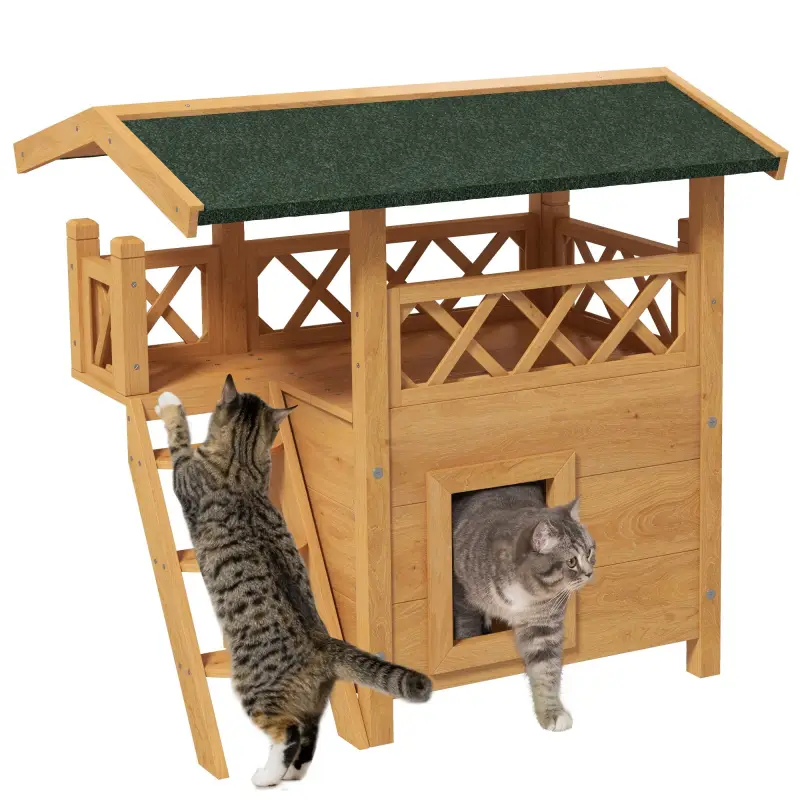 Caseta para Gatos de 2 Niveles 77x50x73cm Refugio para Gatos con Techo Asfáltico Escalera y Balcón para Exterior Natural