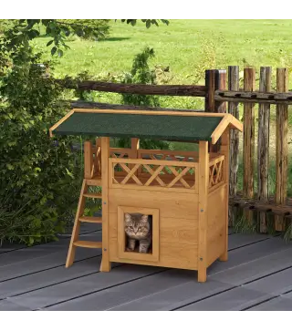 Caseta para Gatos de 2 Niveles 77x50x73cm Refugio para Gatos con Techo Asfáltico Escalera y Balcón para Exterior Natural