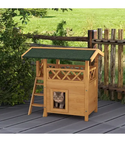 Caseta para Gatos de 2 Niveles 77x50x73cm Refugio para Gatos con Techo Asfáltico Escalera y Balcón para Exterior Natural