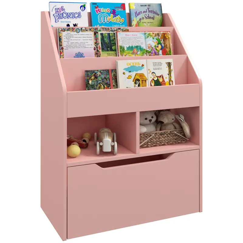 Estantería Infantil de Madera con 3 Compartimentos 2 Cubos y Cajón Móvil con 4 Ruedas 60x29,9x90 cm Rosa