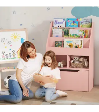 Estanteria Infantil de Madera con 3 Compartimentos 2 Cubos y Cajon Movil con 4 Ruedas 60x29,9x90 cm Rosa