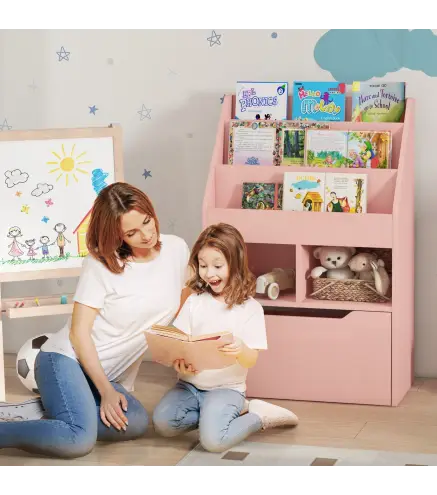 Estanteria Infantil de Madera con 3 Compartimentos 2 Cubos y Cajon Movil con 4 Ruedas 60x29,9x90 cm Rosa