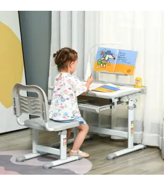 Juego de Escritorio y Silla para Niños de +6 Años Ajustable con Mesa Inclinable Lámpara Cajón y Estante para Libros Gris