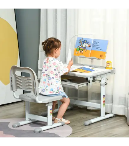 Juego de Escritorio y Silla para Niños de +6 Años Ajustable con Mesa Inclinable Lámpara Cajón y Estante para Libros Gris