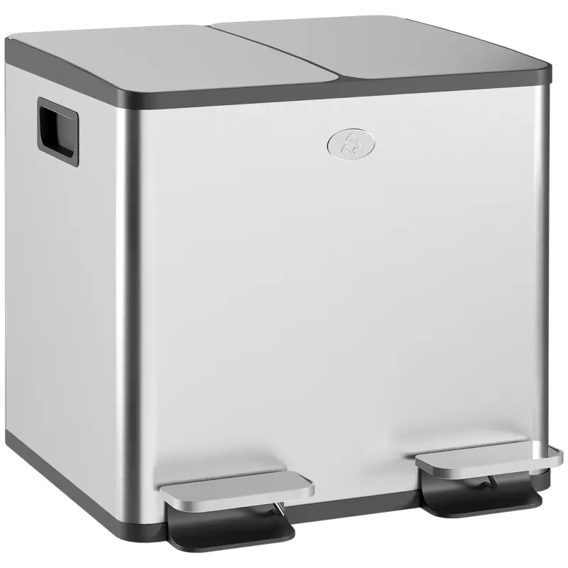 Papelera Cocina de Acero Inoxidable con 2 Compartimentos 2x15L Pedal Tapas de Cierre Suave y Cubo Extraíble Plata