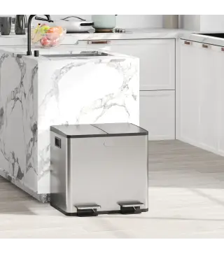Papelera Cocina de Acero Inoxidable con 2 Compartimentos 2x15L Pedal Tapas de Cierre Suave y Cubo Extraíble Plata
