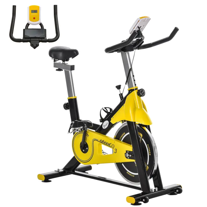 Bici Estática Bicicleta de Fitness con Resistencia Regulable Pantalla LCD Ruedas Manillar y Asiento Ajustable Amarillo