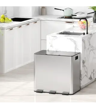 Papelera Cocina de Acero Inoxidable con 3 Compartimentos 3x15L con Pedales Tapas de Cierre Suave y Cubo Extraíble Plata
