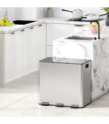 Papelera Cocina de Acero Inoxidable con 3 Compartimentos 3x15L con Pedales Tapas de Cierre Suave y Cubo Extraíble Plata