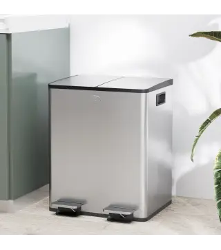 Papelera de Cocina de Acero Inoxidable con 2 Compartimentos 2x20L Pedal Tapas de Cierre Suave y Cubo Extraíble Plata
