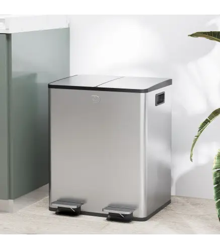Papelera de Cocina de Acero Inoxidable con 2 Compartimentos 2x20L Pedal Tapas de Cierre Suave y Cubo Extraíble Plata