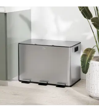 Papelera Cocina de Acero Inoxidable con 3 Compartimentos 3x10L con Pedales Tapas de Cierre Suave y Cubo Extraíble Plata