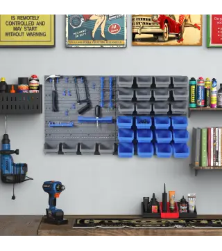 Estantería de Pared para Herramientas 54x95 cm con 28 Cajas Apilables y Diferentes Ganchos Gris y Azul
