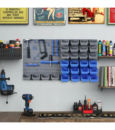Estantería de Pared para Herramientas 54x95 cm con 28 Cajas Apilables y Diferentes Ganchos Gris y Azul