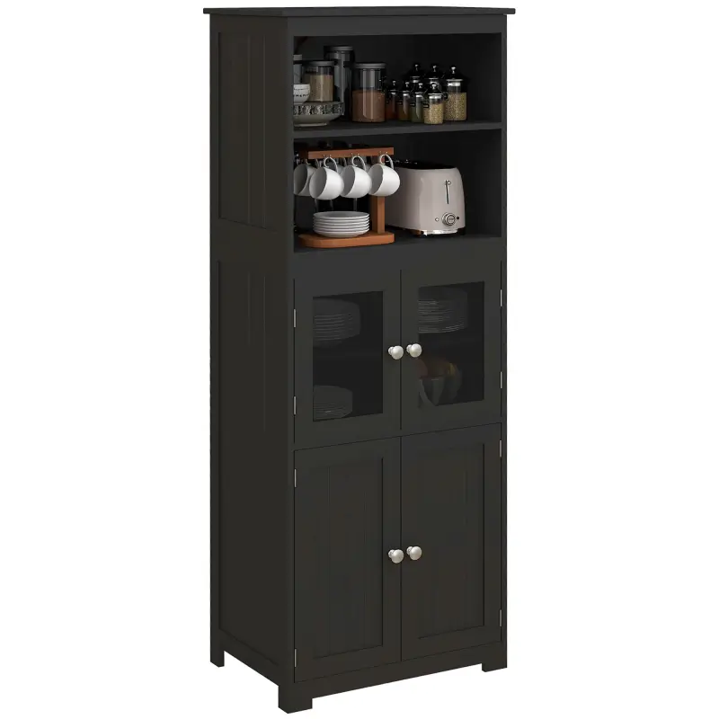 Aparador de Comedor Armario de Cocina con 4 Puertas 2 Estantes Abiertos y Estante Ajustable para Salón 60x30x162cm Negro