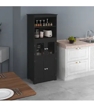 Aparador de Comedor Armario de Cocina con 4 Puertas 2 Estantes Abiertos y Estante Ajustable para Salón 60x30x162cm Negro