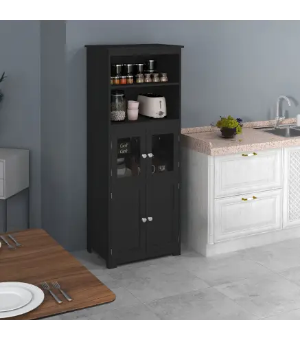 Aparador de Comedor Armario de Cocina con 4 Puertas 2 Estantes Abiertos y Estante Ajustable para Salón 60x30x162cm Negro
