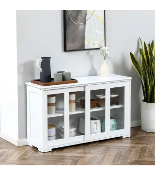 Aparador de Cocina Moderno Mueble Auxiliar con 2 Puertas Corredizas de Vidrio y Estante Ajustable 107x33x62,5 cm Blanco