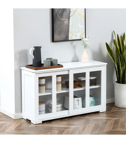 Aparador de Cocina Moderno Mueble Auxiliar con 2 Puertas Corredizas de Vidrio y Estante Ajustable 107x33x62,5 cm Blanco