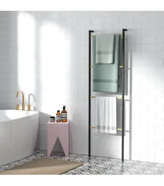 Toallero Apoyado en la Pared Toallero de Baño con 4 Barras de Bambú y Marco de Acero 49x5,5x167,5 cm Negro y Natural