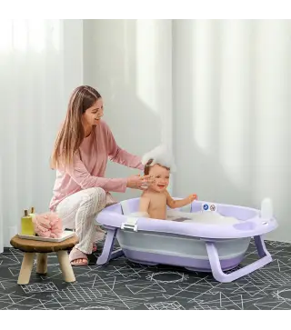 Banera Bebe Plegable con Cojin Almohadillas Antideslizantes Orificio de Drenaje y Agujero de Ducha 83x48x23,5cm Purpura