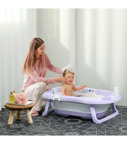 Banera Bebe Plegable con Cojin Almohadillas Antideslizantes Orificio de Drenaje y Agujero de Ducha 83x48x23,5cm Purpura