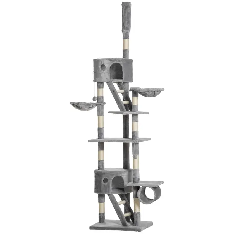 Árbol para Gatos de Suelo a Techo de 240-260 cm con Altura Ajustable Múltiples Plataformas Cuevas Cestos y Rampas Gris Árbol para Gatos de Suelo a Techo de 240-260 cm con Altura Ajustable Múltiples Plataformas Cuevas Cestos y Rampas Gris