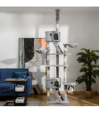 Árbol para Gatos de Suelo a Techo de 240-260 cm con Altura Ajustable Múltiples Plataformas Cuevas Cestos y Rampas Gris