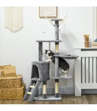 Árbol para Gatos de 134,2 cm con Nidos Plataformas Casetas Ratón de Juego Hamaca y Postes de Sisal 50x35x134,2 cm Gris