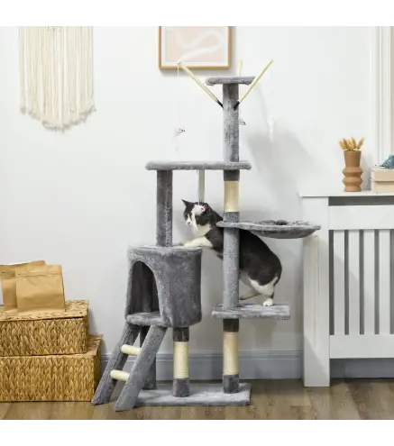 Árbol para Gatos de 134,2 cm con Nidos Plataformas Casetas Ratón de Juego Hamaca y Postes de Sisal 50x35x134,2 cm Gris
