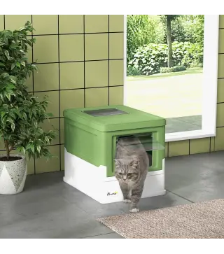 Arenero Cubierto para Gatos Desmontable con Entrada Frontal y Salida Superior 47,5x35,5x36,7 cm Verde Aguacate y Blanco