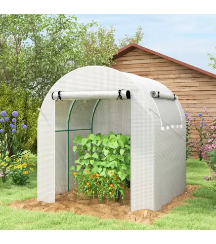 Invernadero de Jardín 180x180x200 cm Invernadero de Túnel Pequeño con Puerta Enrollable y Ventana de Malla Blanco