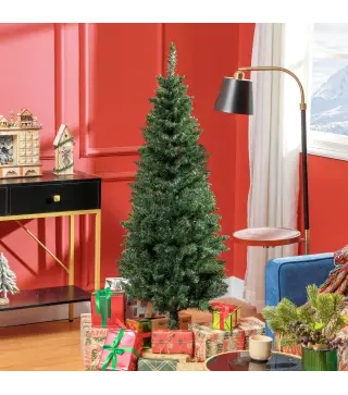 Árbol de Navidad Tipo Lápiz 150 cm con Base Plegable y 317 Ramas para Dormitorio Oficina Verde