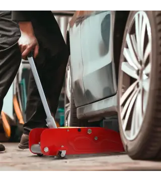 Gato Hidráulico de 2 Toneladas con Altura Ajustable 12-30 cm y 4 Ruedas para Apoyar Coches Rojo y Amarillo