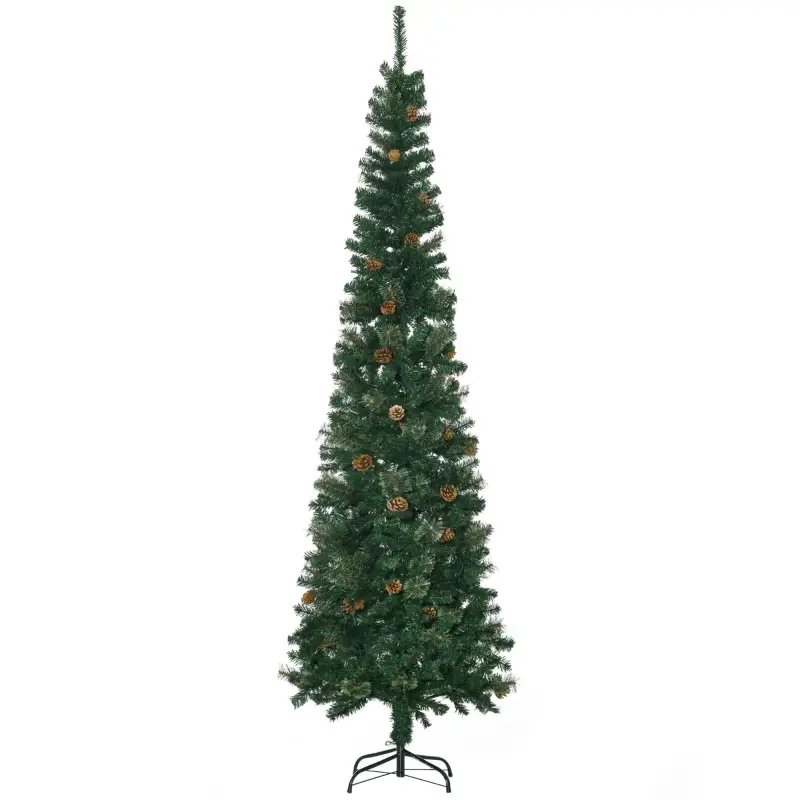 Árbol de Navidad 225 cm de 706 Ramas Árbol de Navidad Estrecho Forma de Lápiz con 56 Piñas Base Plegable Verde