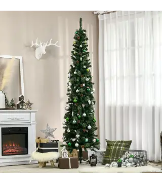 Árbol de Navidad 225 cm de 706 Ramas Árbol de Navidad Estrecho Forma de Lápiz con 56 Piñas Base Plegable Verde