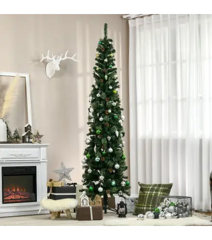 Árbol de Navidad 225 cm de 706 Ramas Árbol de Navidad Estrecho Forma de Lápiz con 56 Piñas Base Plegable Verde