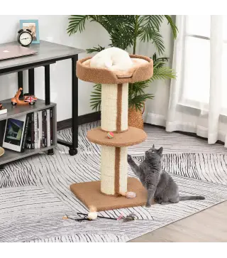 Árbol para Gatos Altura 91 cm de 3 Niveles con Nido Plataforma y Poste de Sisal 45x45x91 cm Marrón Claro