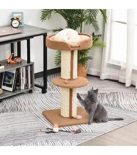 Árbol para Gatos Altura 91 cm de 3 Niveles con Nido Plataforma y Poste de Sisal 45x45x91 cm Marrón Claro