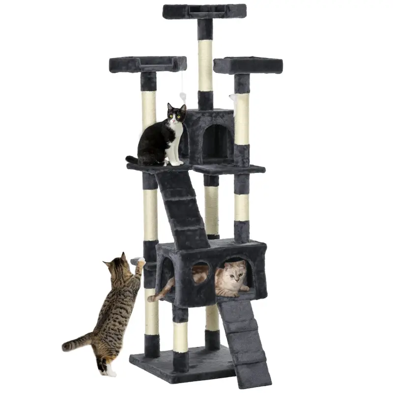 Árbol para Gatos Torre para Gatos con Nidos Escaleras Juguetes Colgantes y Postes de Sisal 49x49x173 cm Gris Oscuro