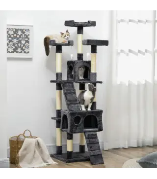 Árbol para Gatos Torre para Gatos con Nidos Escaleras Juguetes Colgantes y Postes de Sisal 49x49x173 cm Gris Oscuro
