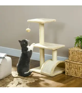 Árbol para Gatos de 3 Niveles Torre para Gatos con Postes de Sisal Tablero para Rascar y Bola Colgante Crema