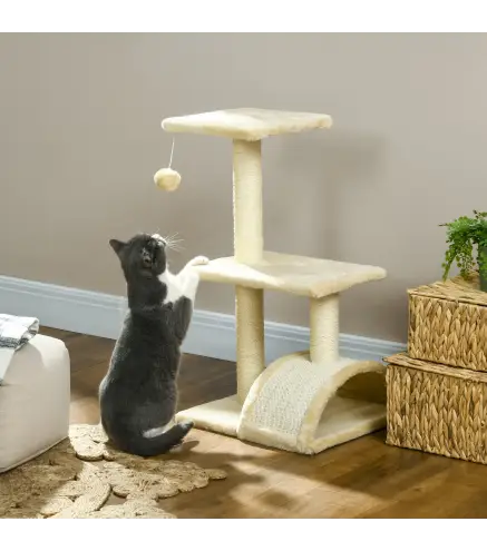 Árbol para Gatos de 3 Niveles Torre para Gatos con Postes de Sisal Tablero para Rascar y Bola Colgante Crema
