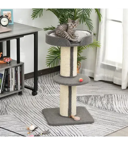 Árbol para Gatos Altura 91 cm de 3 Niveles con Nido Plataforma y Poste de Sisal 45x45x91 cm Gris