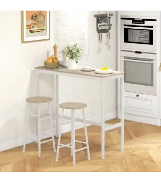 Mesa Alta de Cocina con Taburetes Marco de Acero Estilo Industrial Mesa Alta para Comedor Natural y Blanco