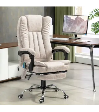 Silla de Oficina con 6 Puntos de Masaje Ajustable con Función Calefacción Reposapiés Retráctil y Control Remoto Crema