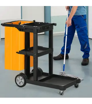 Carro de Limpieza con Bolsa con Ruedas y 3 Estantes Carro para Limpieza para Hotel 121x50,5x96,5 cm Negro y Amarillo