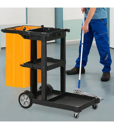 Carro de Limpieza con Bolsa con Ruedas y 3 Estantes Carro para Limpieza para Hotel 121x50,5x96,5 cm Negro y Amarillo