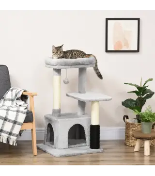 Árbol Rascador para Gatos Medianos con Nido Plataforma Bola Colgante Juguete Rascador y Postes de Sisal 48x48x85 cm Gris